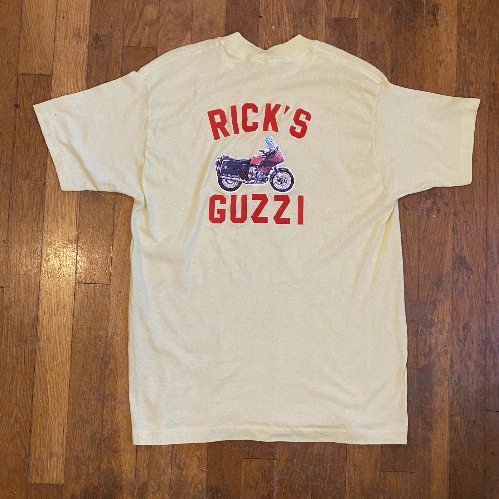 Vintage 70s Motorcycle Tee Shirt Large Single Stitch Pale Yellow Moto Guzzi