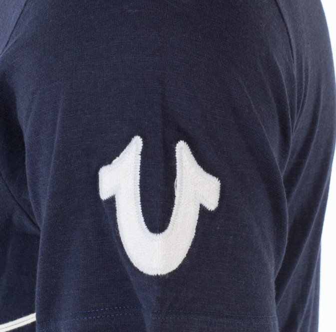$79 TRUE RELIGION Navy UNIVERSITY OF TR Short Sleeve Applique Graphic T-shirt gallery