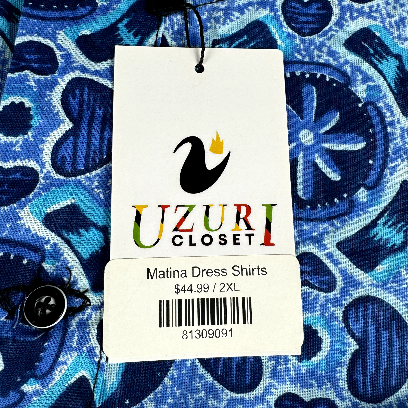 Uzuri Closet Dress Shirt Men's 2XL Blue Matina African 3/4 Sleeve Geometric NWT gallery