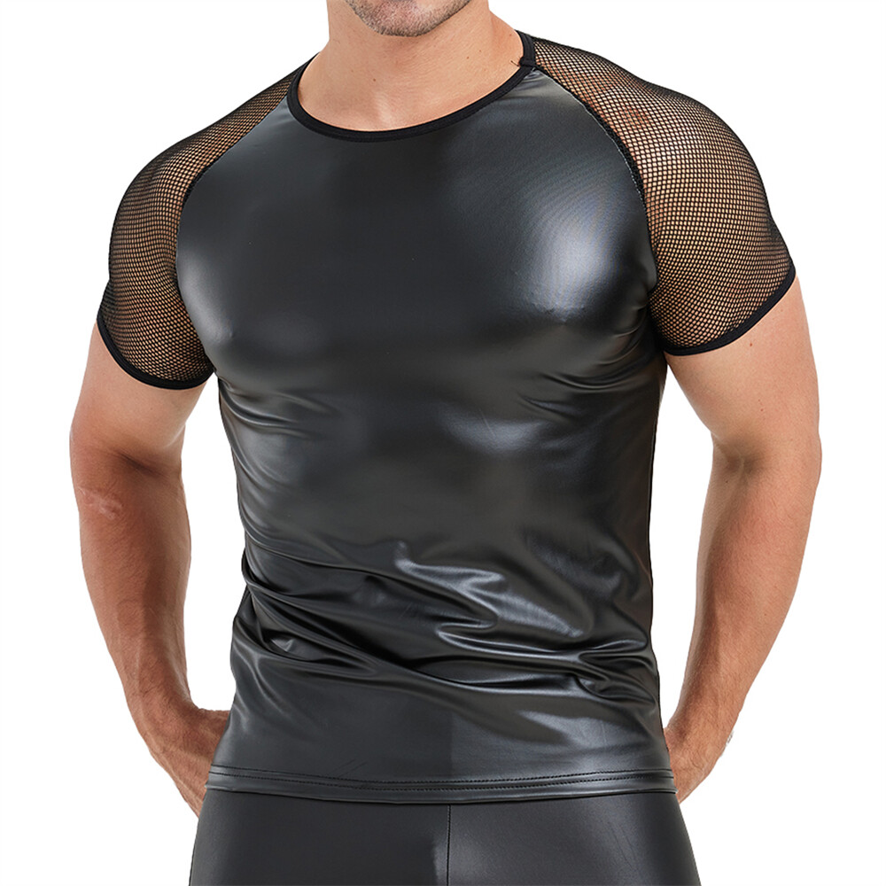 Men's Splicing Mesh Faux Leather Tops Slim Short Sleeve T-shirts Nightclub Tees gallery