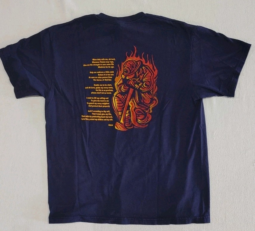Firefighter Prayer Tshirt Delta Pro Weight Navy Blue 2-Sided Adult Size Large gallery
