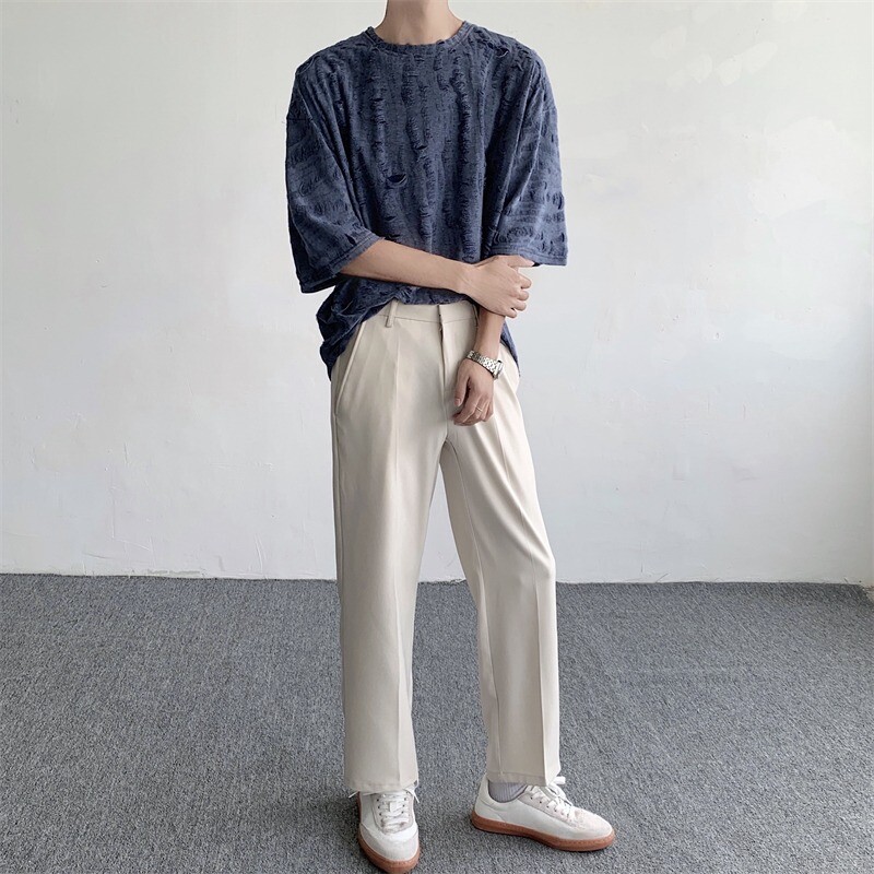 Men Retro Thin Short Sleeve Shirt Ripped Hollow Blouse American Style Tops Soft gallery