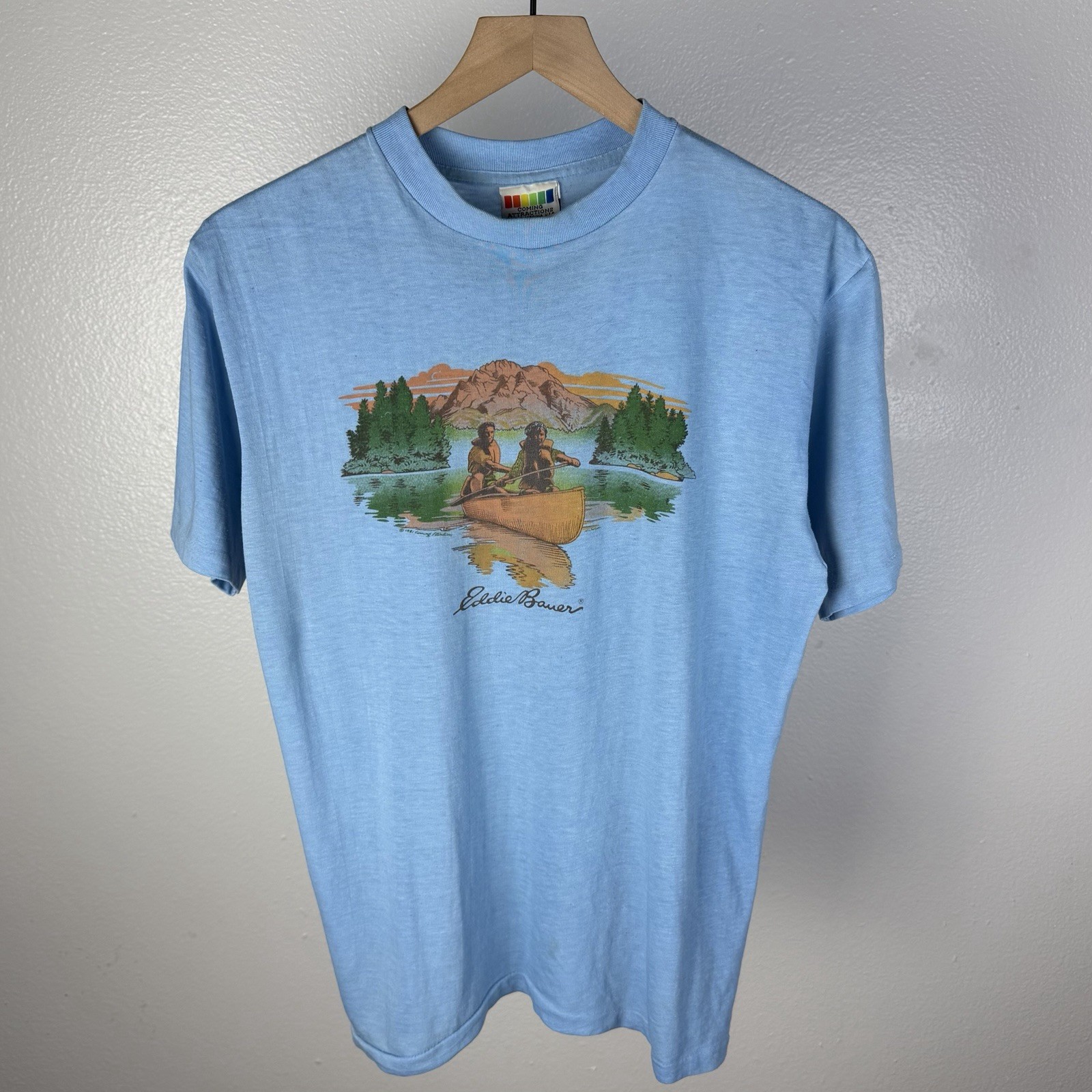 Vintage 70’s Eddie Bauer Coming Attractions ICONIC Logo USA T Shirt Size Large gallery