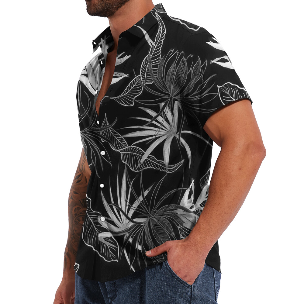 Button Down Shirts Men Black White Hawaiian Dress Short Sleeve Party Up Soft Tee gallery