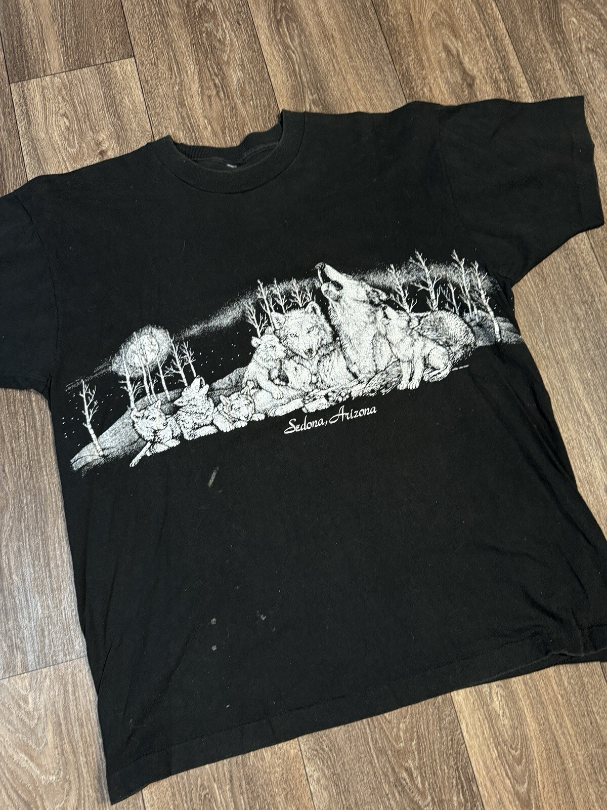Vintage Sedona Arizona Wolf Wrap Around Nature Animal Black T-Shirt XL 1990 gallery