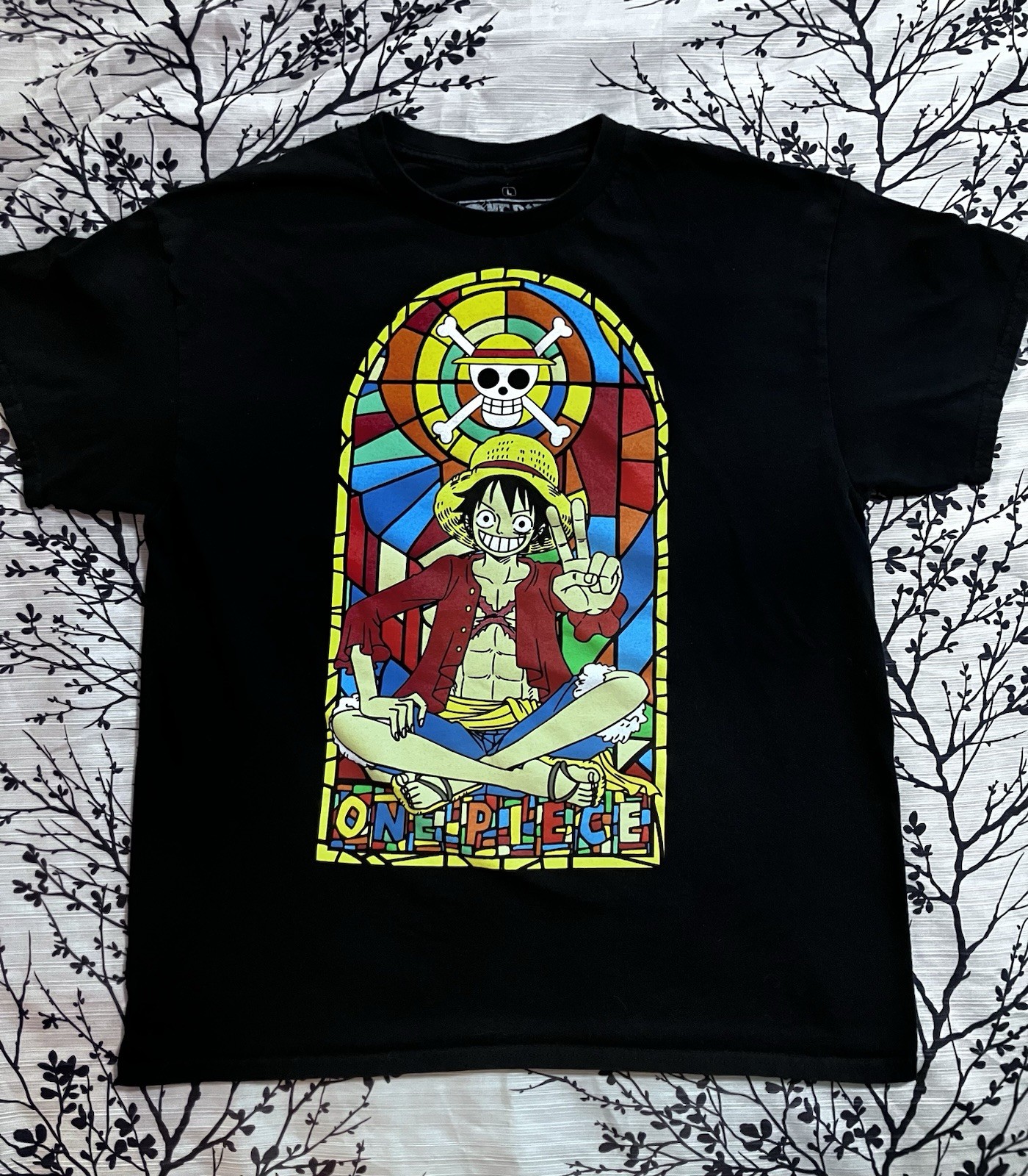 One Piece Stained Glass Window Monkey D. Luffy Black T-Shirt Size Large EUC gallery