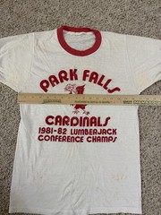 Vintage 80s Graphic Sheer Ringer Tee T Shirt Park Falls Wisconsin Cardinals