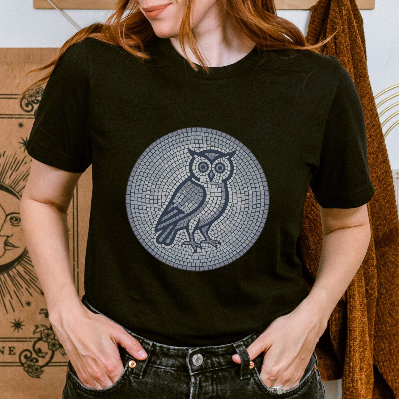 Mosaic Owl T-Shirt | Geometric Blue Grey Wisdom Graphic Tee | Comfort Colors gallery