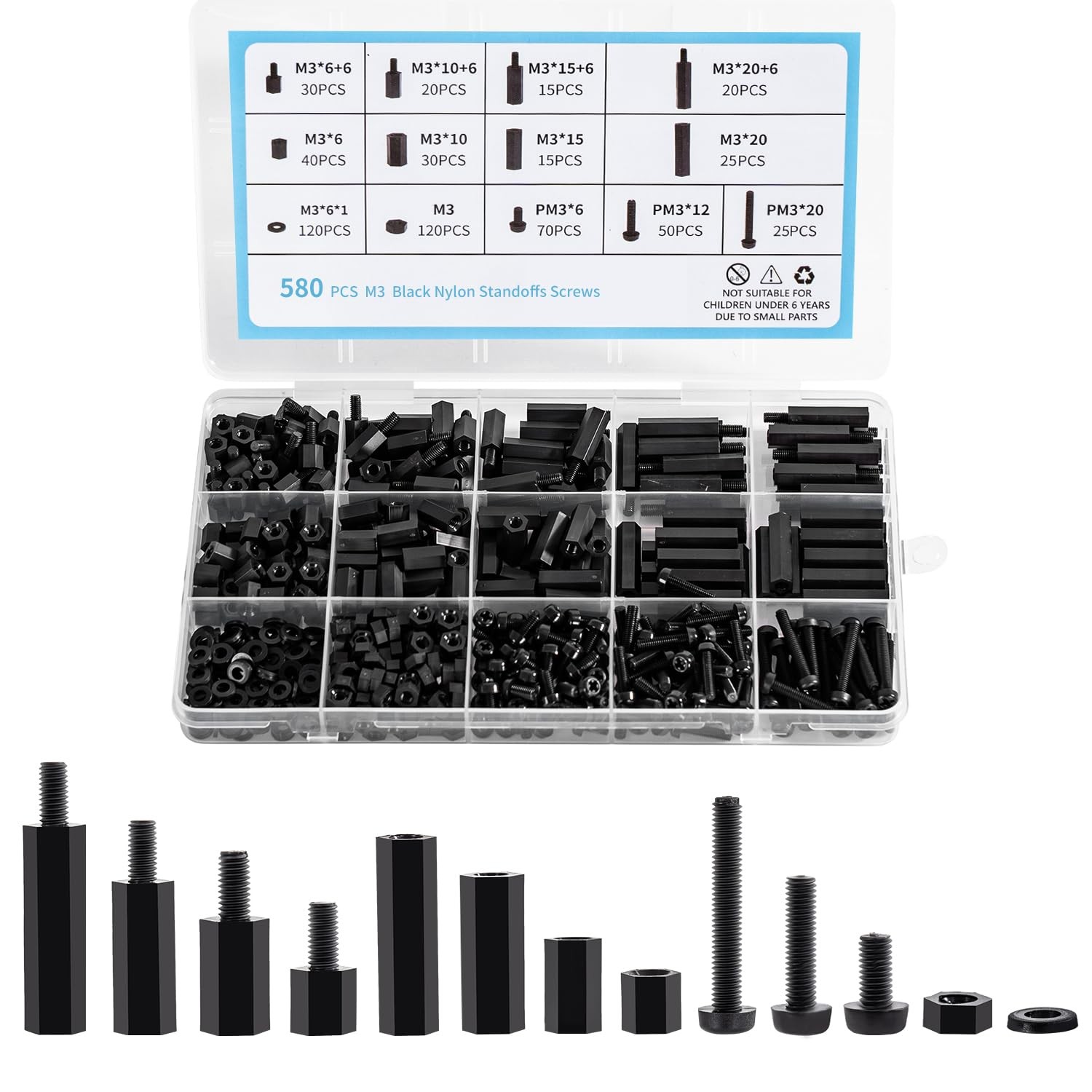 580 PCS M3 Black Nylon Standoff Kit with Spacers, Screws, and Nuts  Motherboa…