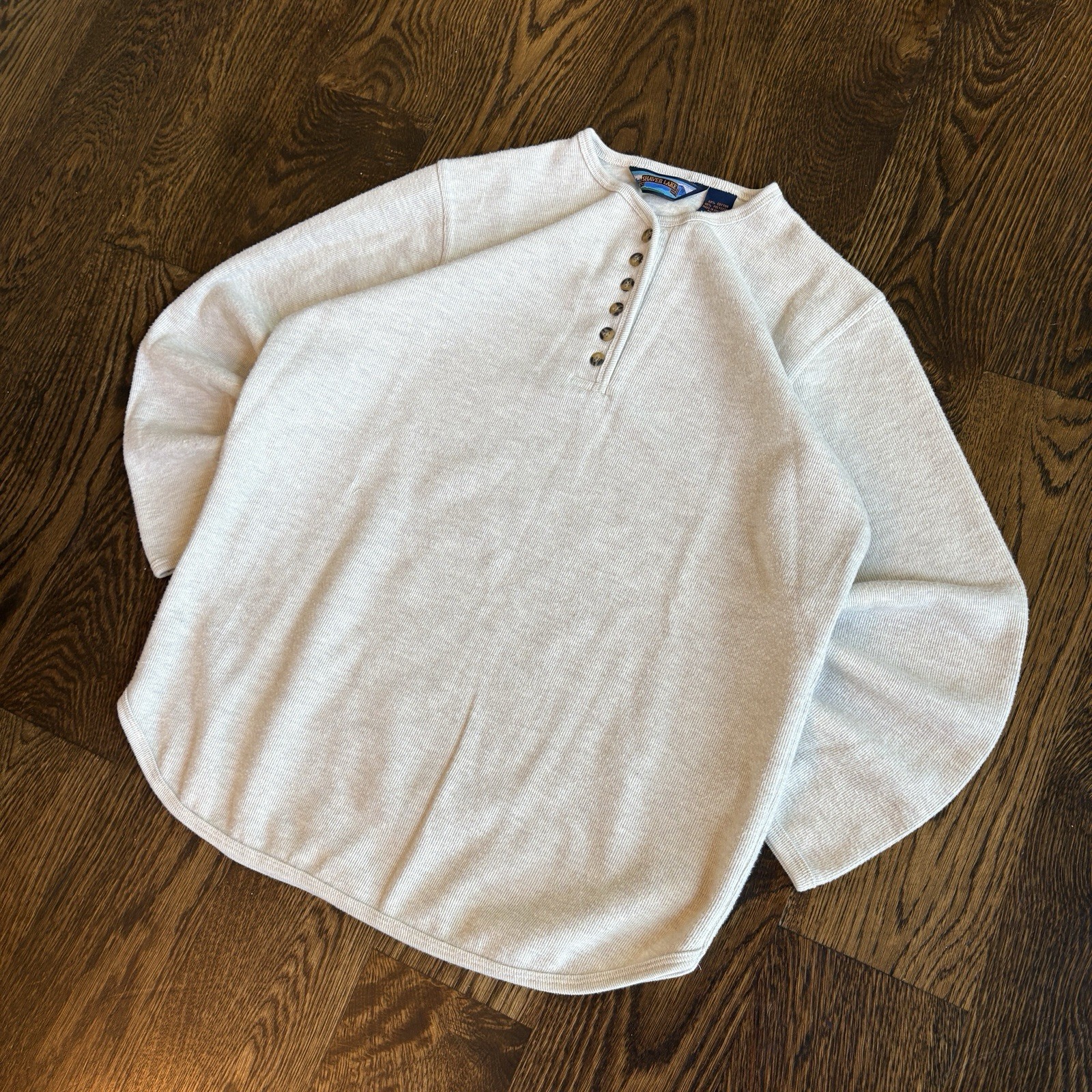 Vtg 90s Shaver Lake Knit Henley Mens S Cream Ribbed Thermal Pullover Sweater gallery