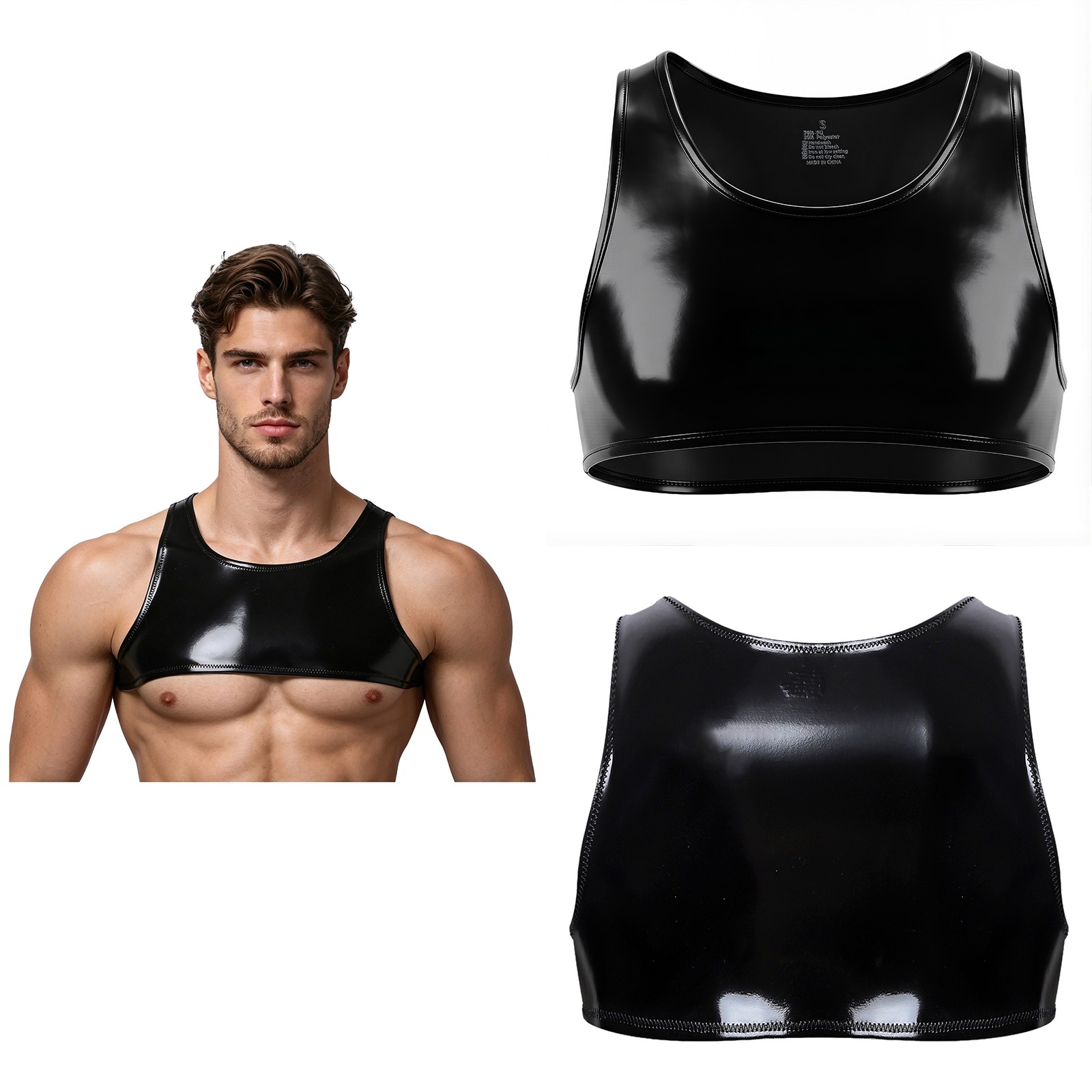 Mens Nightclub Shiny Crop Top Wet-look Clubwear Sleeveless Slim Top Singlet PU gallery