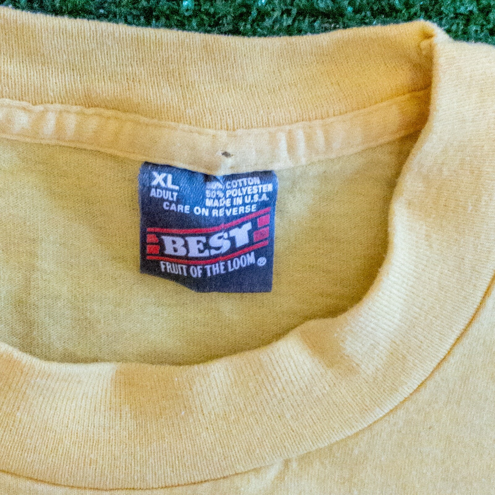 VINTAGE FRUIT OF THE LOOM BEST MENS SHIRT YELLOW YMCA SINGLE STICH SIZE XL gallery