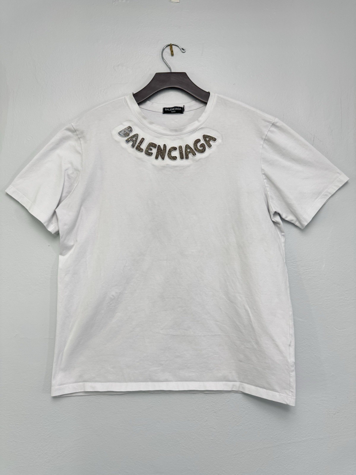 Balenciaga White T-Shirt 3D Logo Glitter Rhinestone Embellished Mens Size XL gallery
