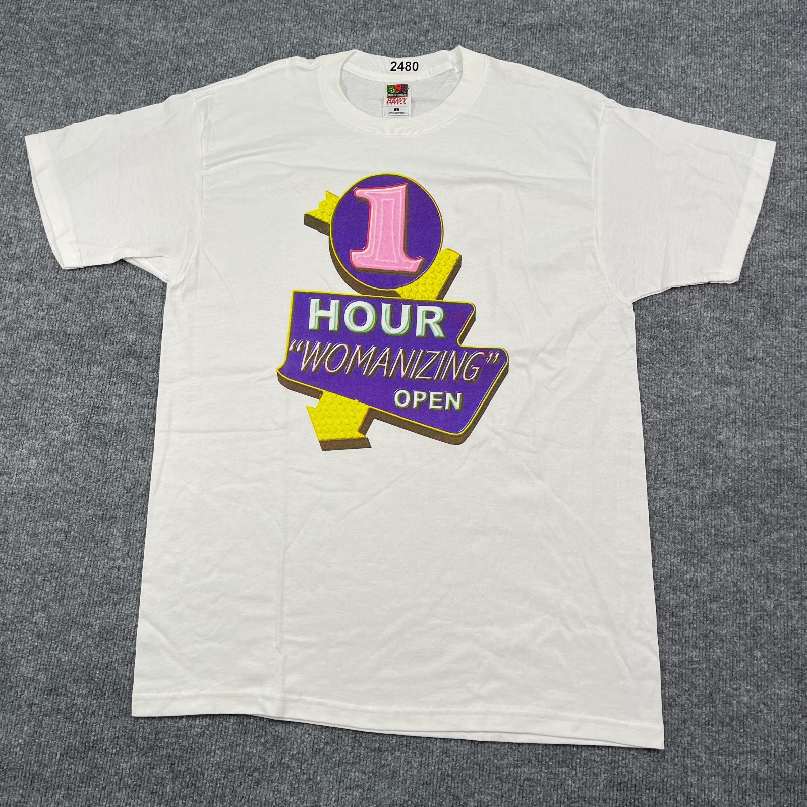 New Vintage 90s 1 Hour Womanizing Open Novelty Humor Shirt Large 21×29 White