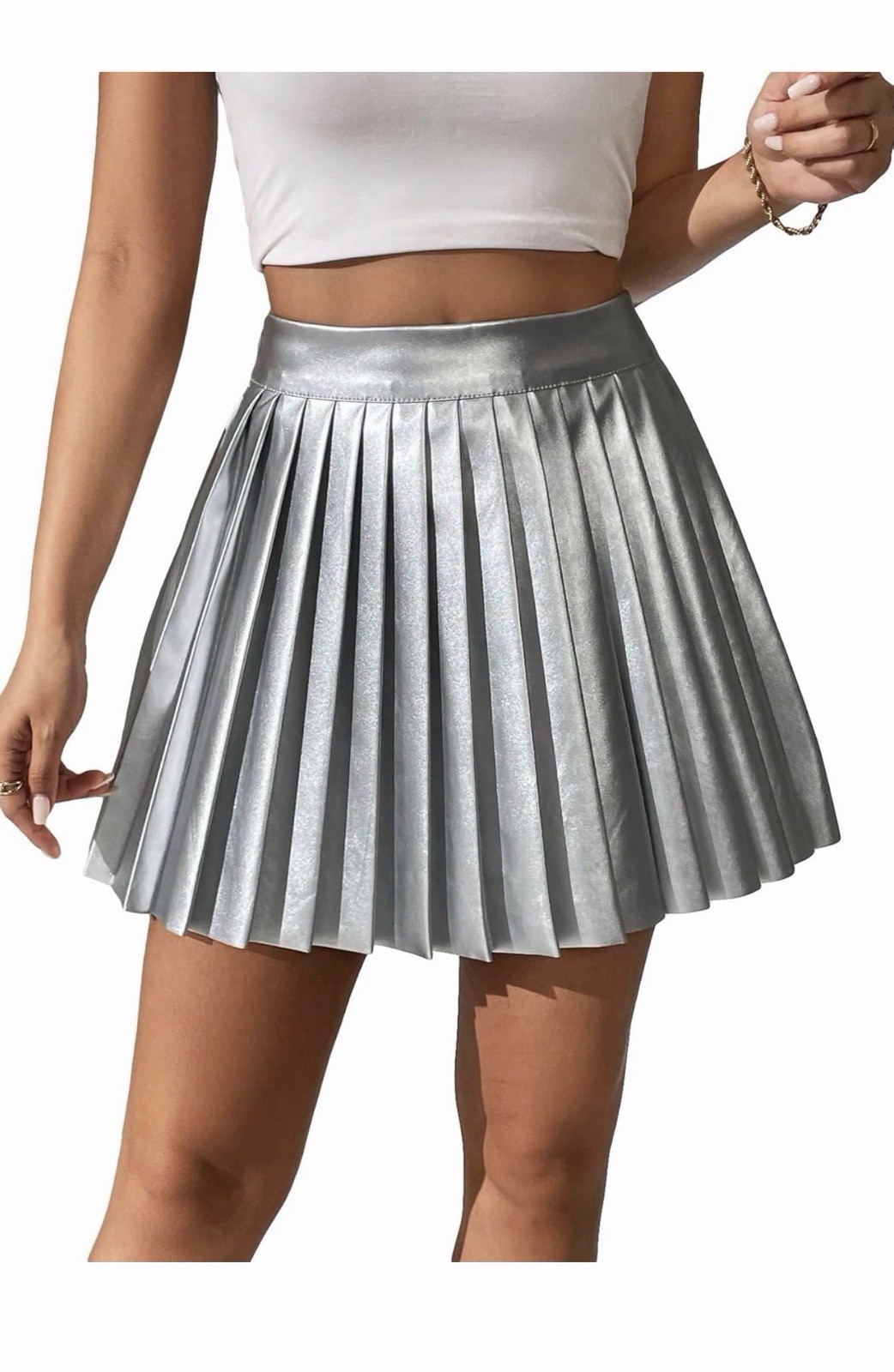 Floerns Women's PU Leather High Waisted Pleated Skirt Faux Leather Medium Silver gallery