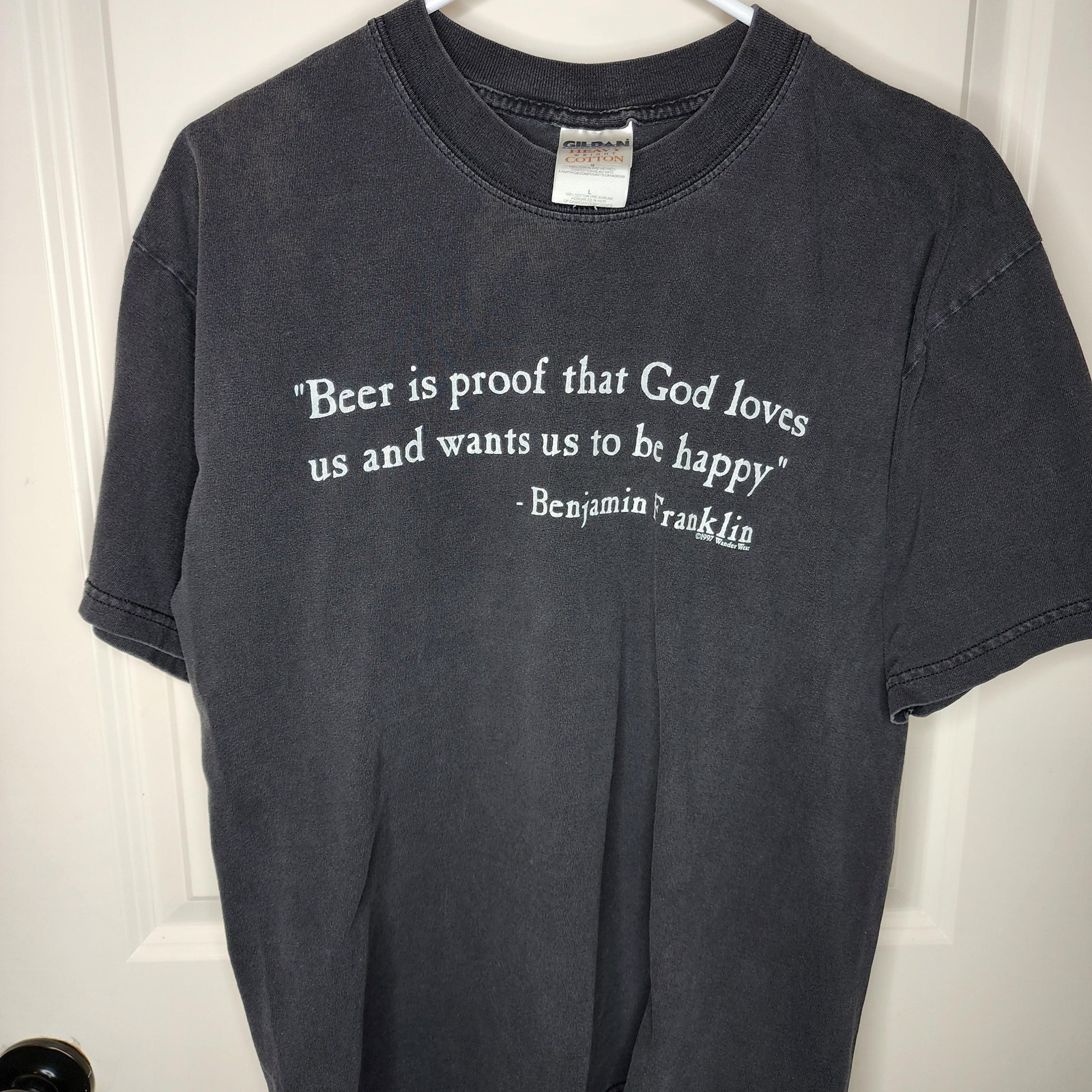 Vintage Benjamin Franklin Beer Shirt Mens Large Gray Funny Quote Tee 1997 Gildan gallery