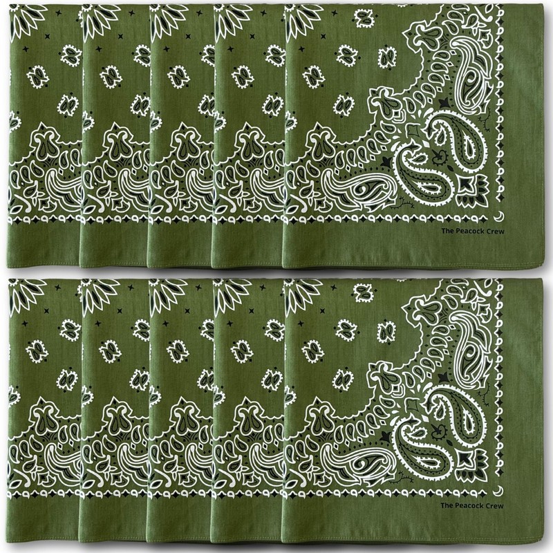 10 Pack Olive Green Bandanas in Premium Soft Cotton for Men and Women