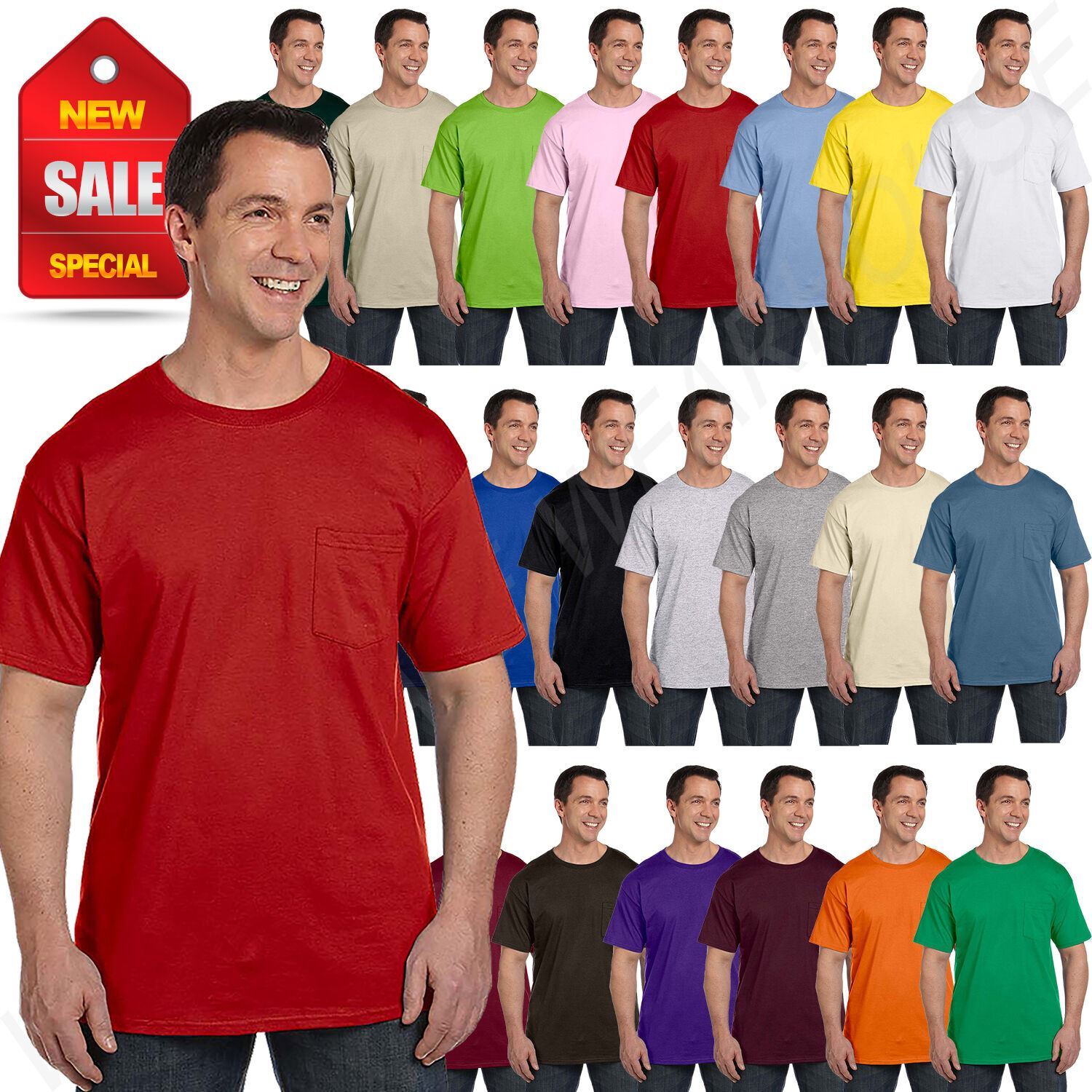 Hanes Mens Pocket T-Shirt 100% Heavy Cotton 6.1 oz Beefy Tee S-XL 5190P gallery