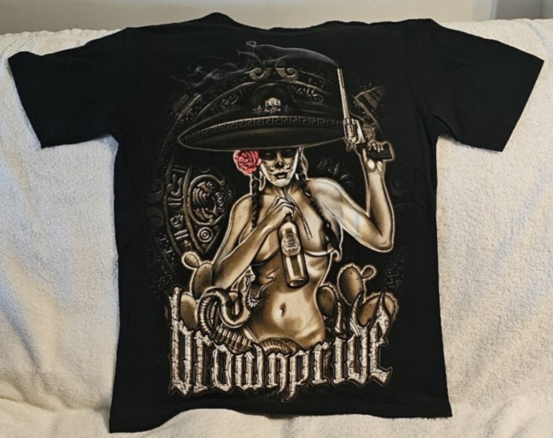 BROWN PRIDE DAY OF DEAD LADY AZTEC GUN PISTOL TEQUILA SNAKE CACTUS T-SHIRT gallery