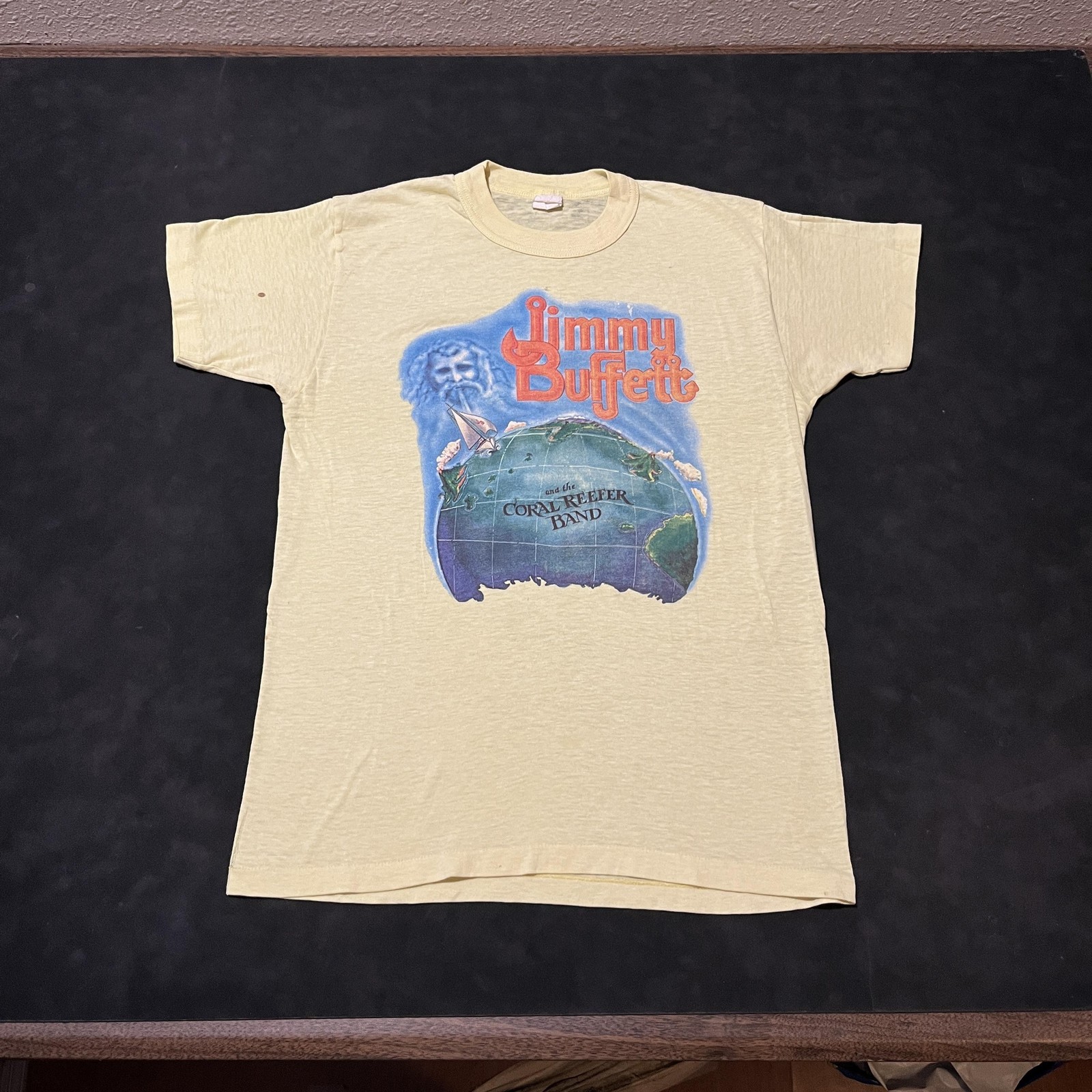 Vintage Jimmy Buffett 1970s Shirt Coral Reefer Band Tour Sheer Soft Thin Yellow