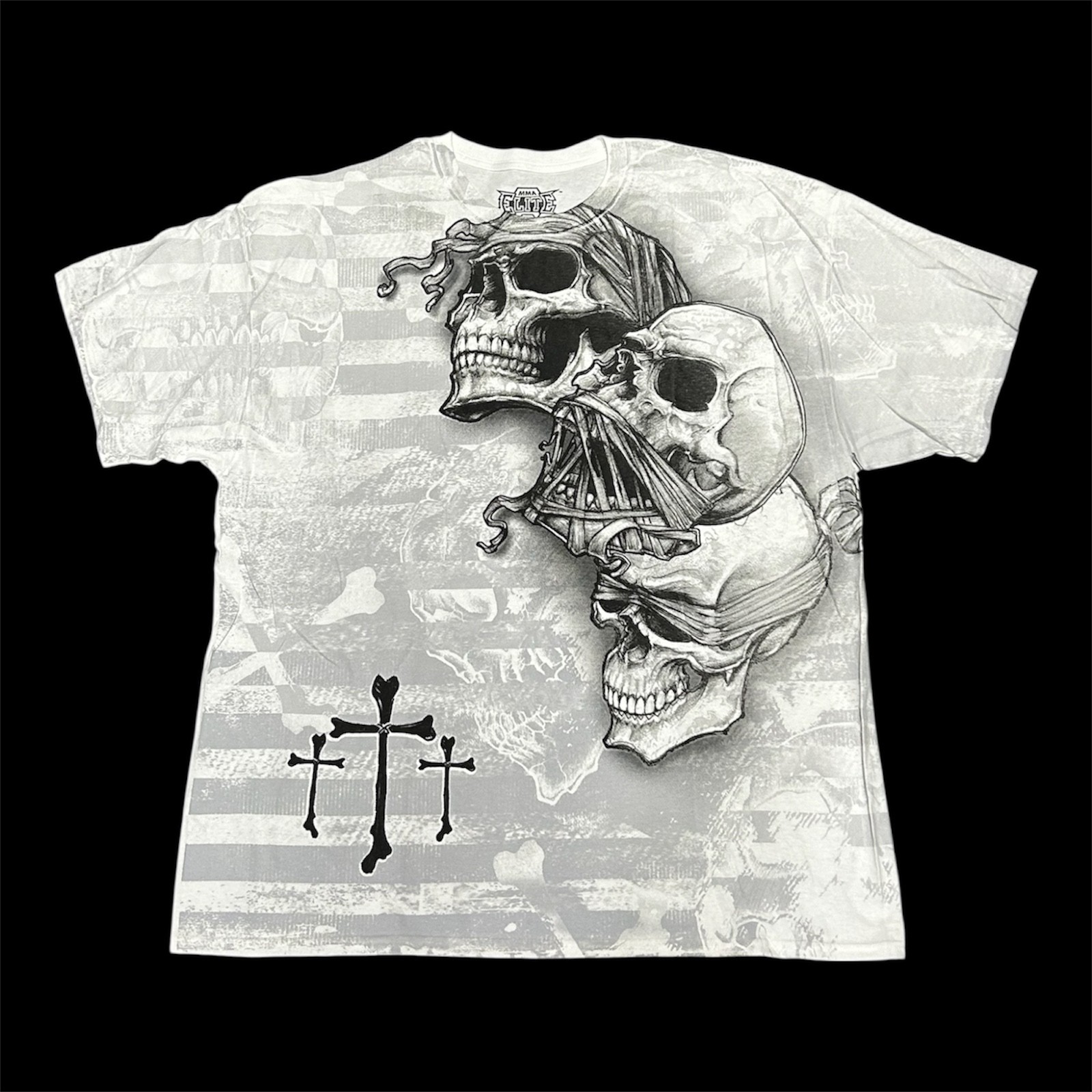 Rare MMA ELITE White Black Skulls Cross Short Sleeve Y2K MENS T-shirt 2XL NWT gallery