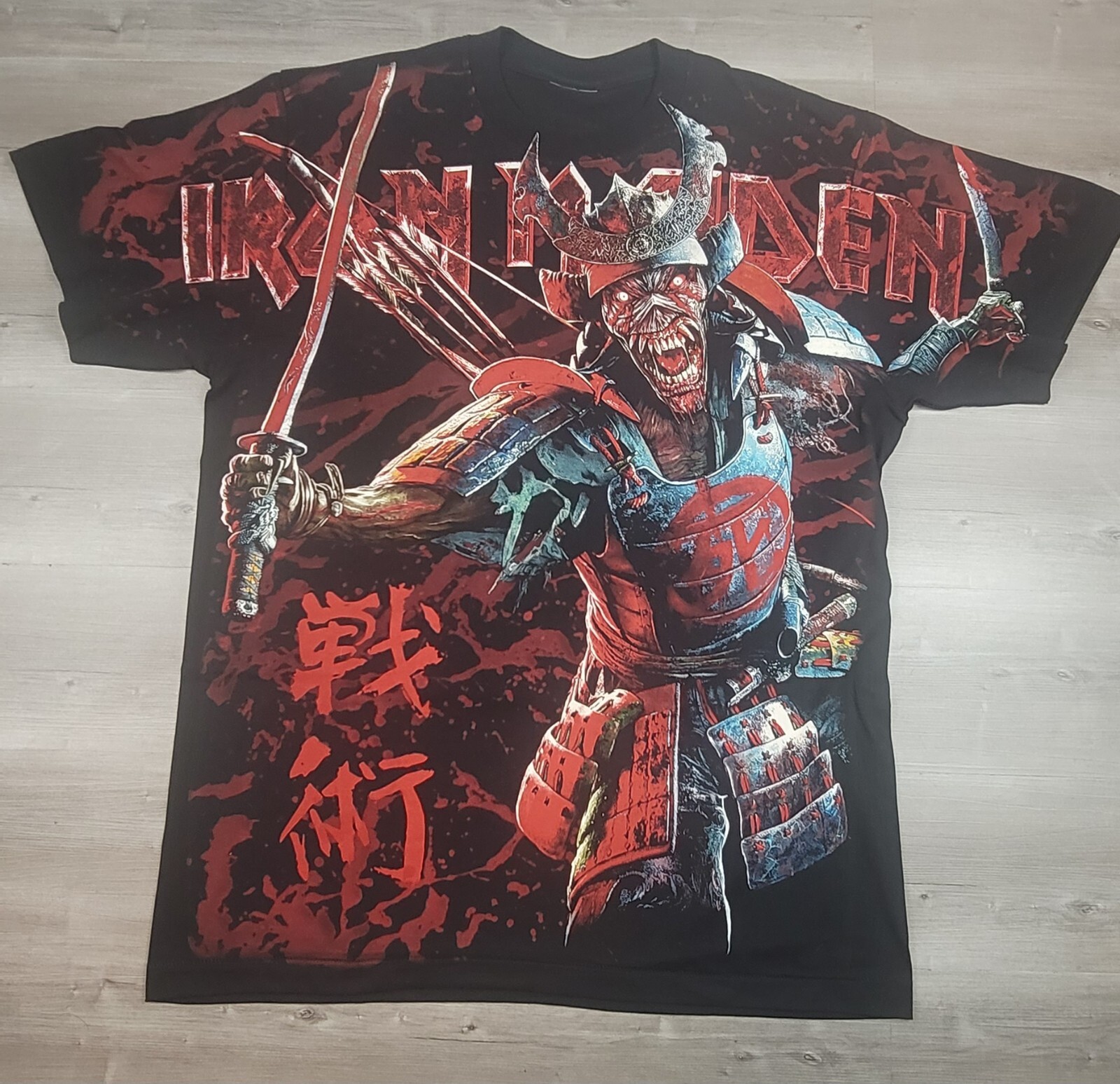 Iron Maiden tshirt All Over Print Eddie the Head Samurai Modern Boot Cut Tag