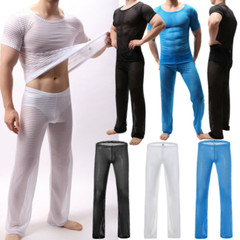 Sexy Men See-through Mesh Tank Top Underwear T-Shirt Long Pants Men Clothes Sets