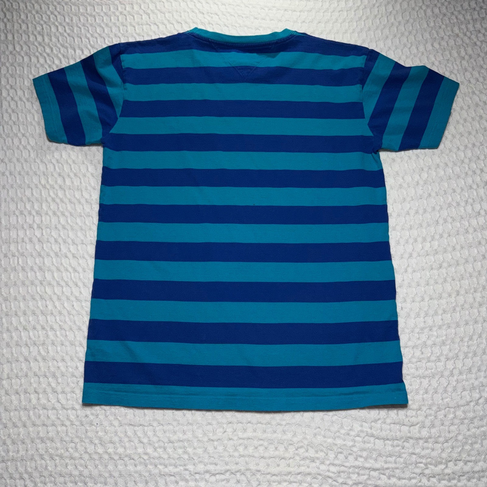 Vintage Tommy Jeans Mens XL Blue Striped Short Sleeve Script Boxy Logo T-Shirt gallery