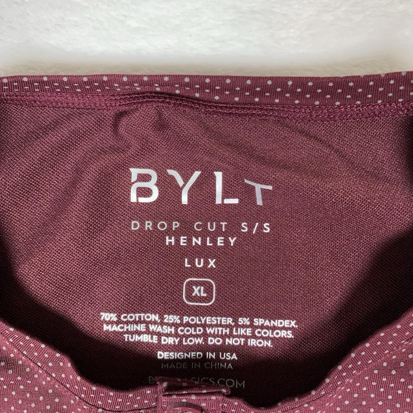 BYLT Drop-Cut Henley Shirt Mens XL Red Polka Dot LUX Short Sleeve Athletic Fit gallery