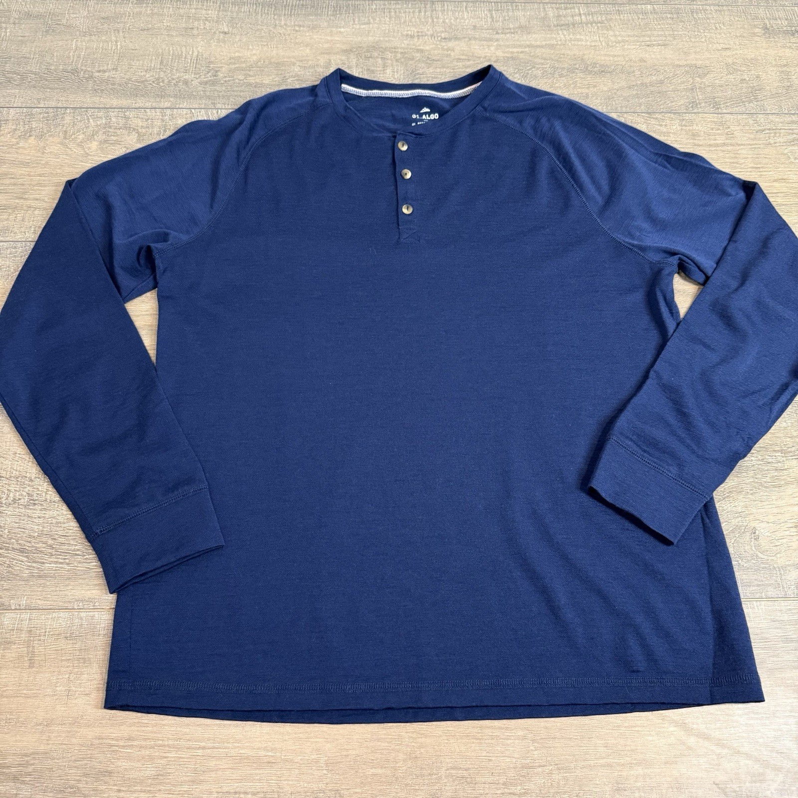 01.Algo Mens 100% Merino Wool Henley Shirt Size Large Performance *READ* B14