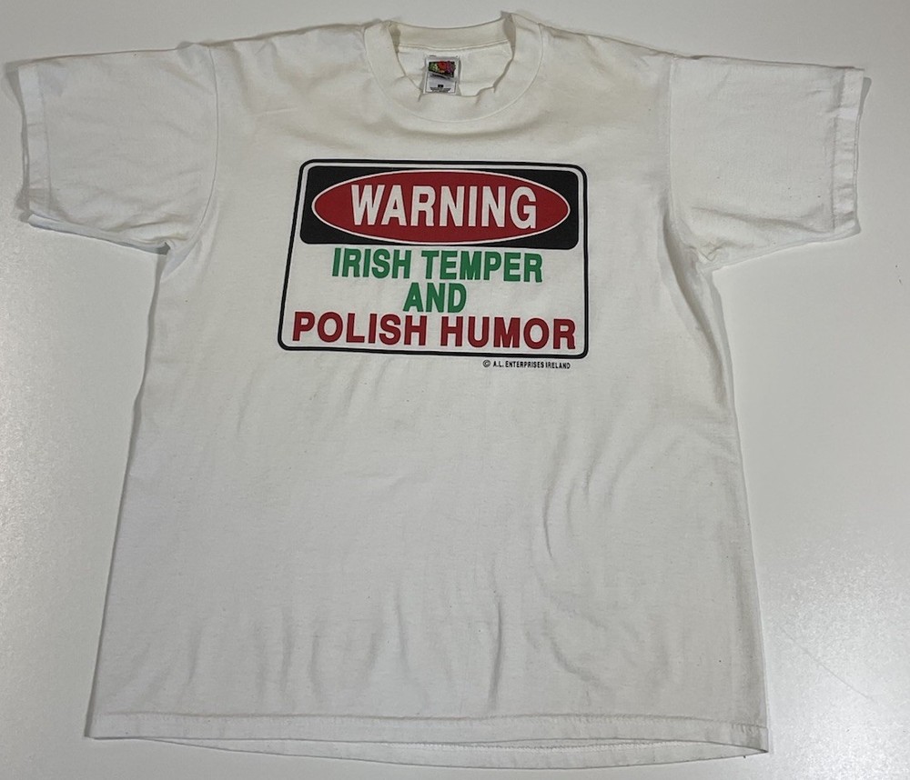 Vintage Warning Irish Temper Polish Humor T Shirt Sz L Novelty Funny Tourist 90s