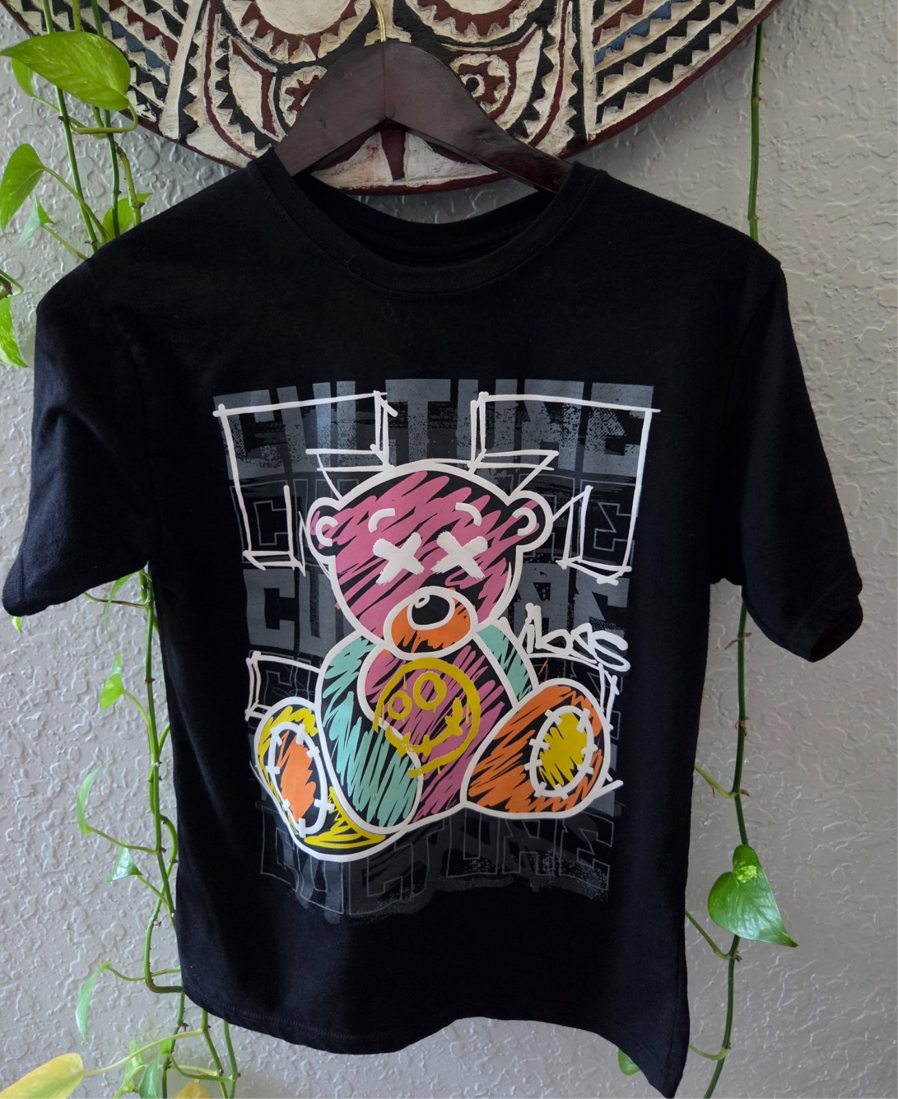 Black Cotton Tshirt feat a colorful graphic teddy bear,by Legend,size 14/16, lar