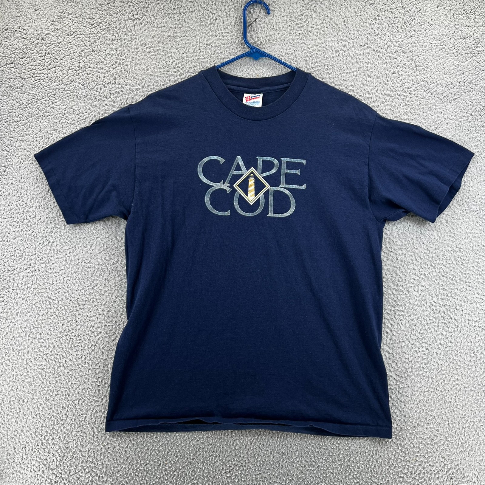 Vintage 90s Cape Cod MA Light House Graphic T-Shirt Navy Adult Large Hanes USA