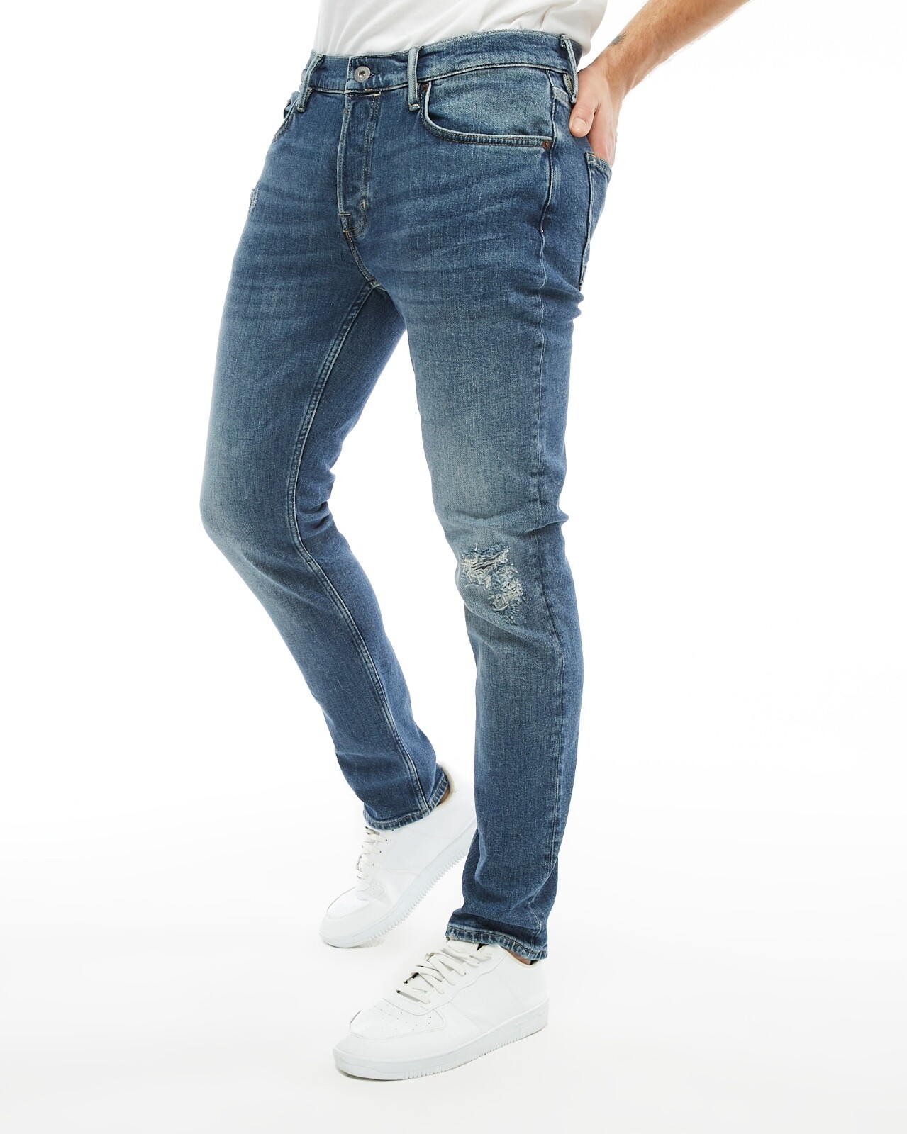 All Saints Mens Rex Slim Fit Jeans Dirty Indigo Destroyed Stretch Denim gallery