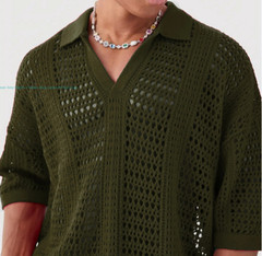 Men’s Crochet Button Down T-Shirt Short Sleeve Hollow Out Collar Beach Knit Tops