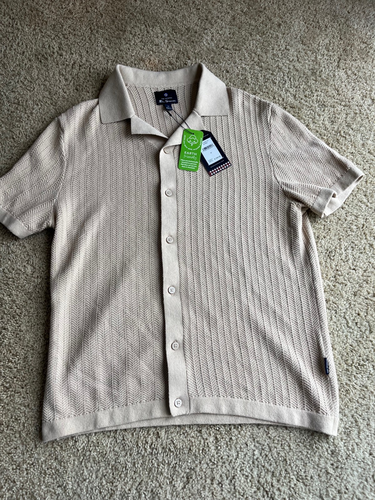 Ben Sherman Knit Polo Shirt Mens Medium Oatmeal Textured Button Front Resort NWT gallery