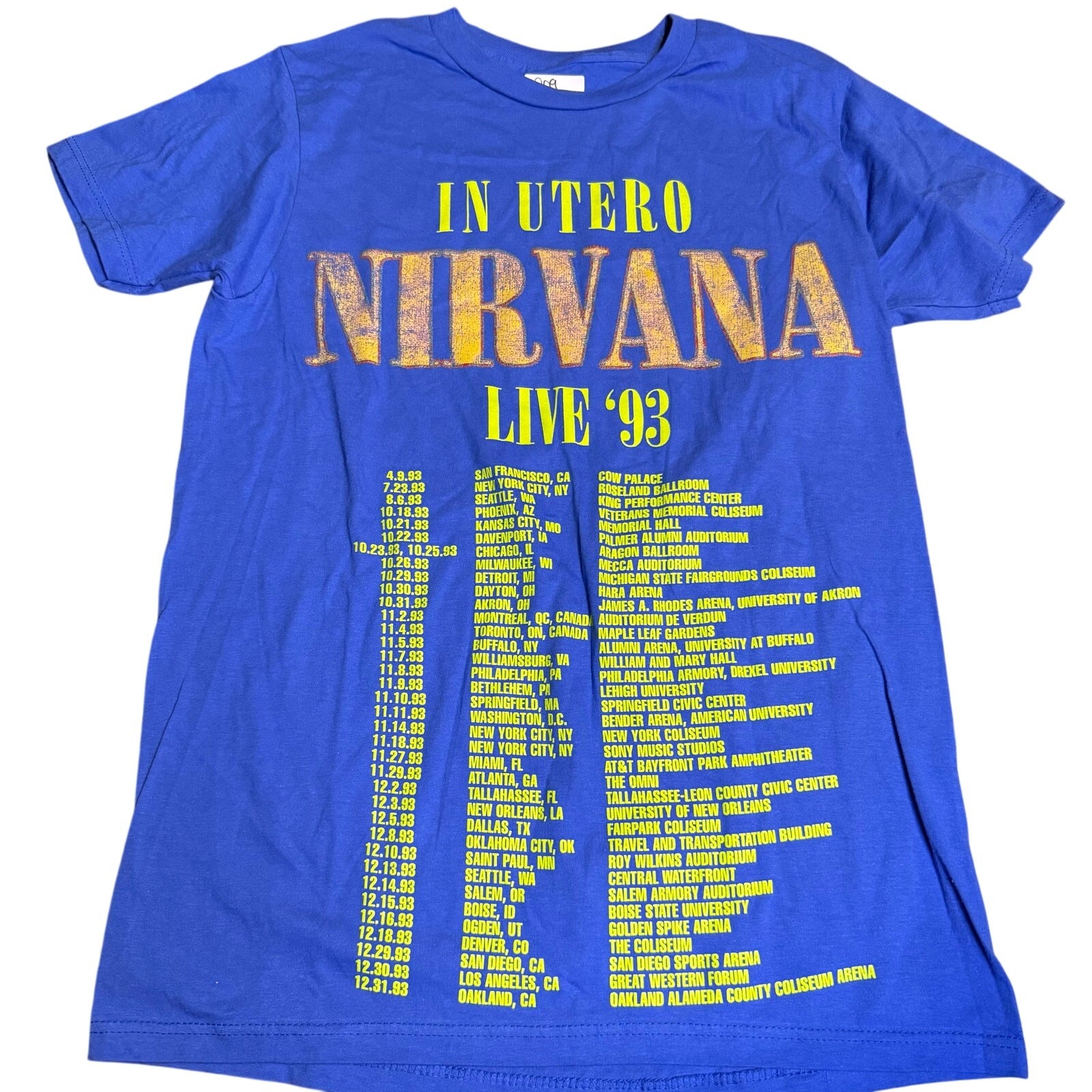 Nirvana “In Utero Live 93” Tour Grunge Graphic Tee, Blue, Unisex Size Medium