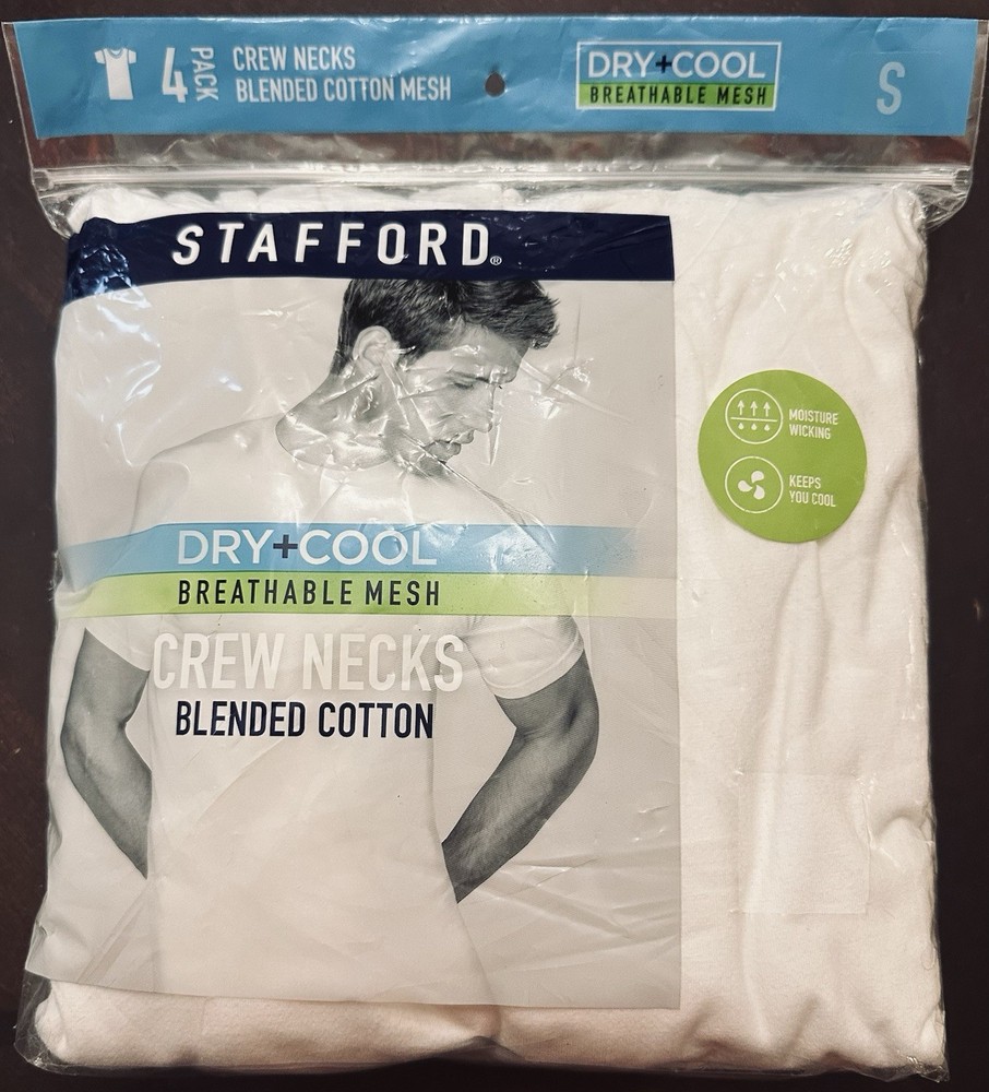 Stafford Dry Cool Breathable Mesh White Crew Neck Blended Cotton 4 Pack – NEW Sm
