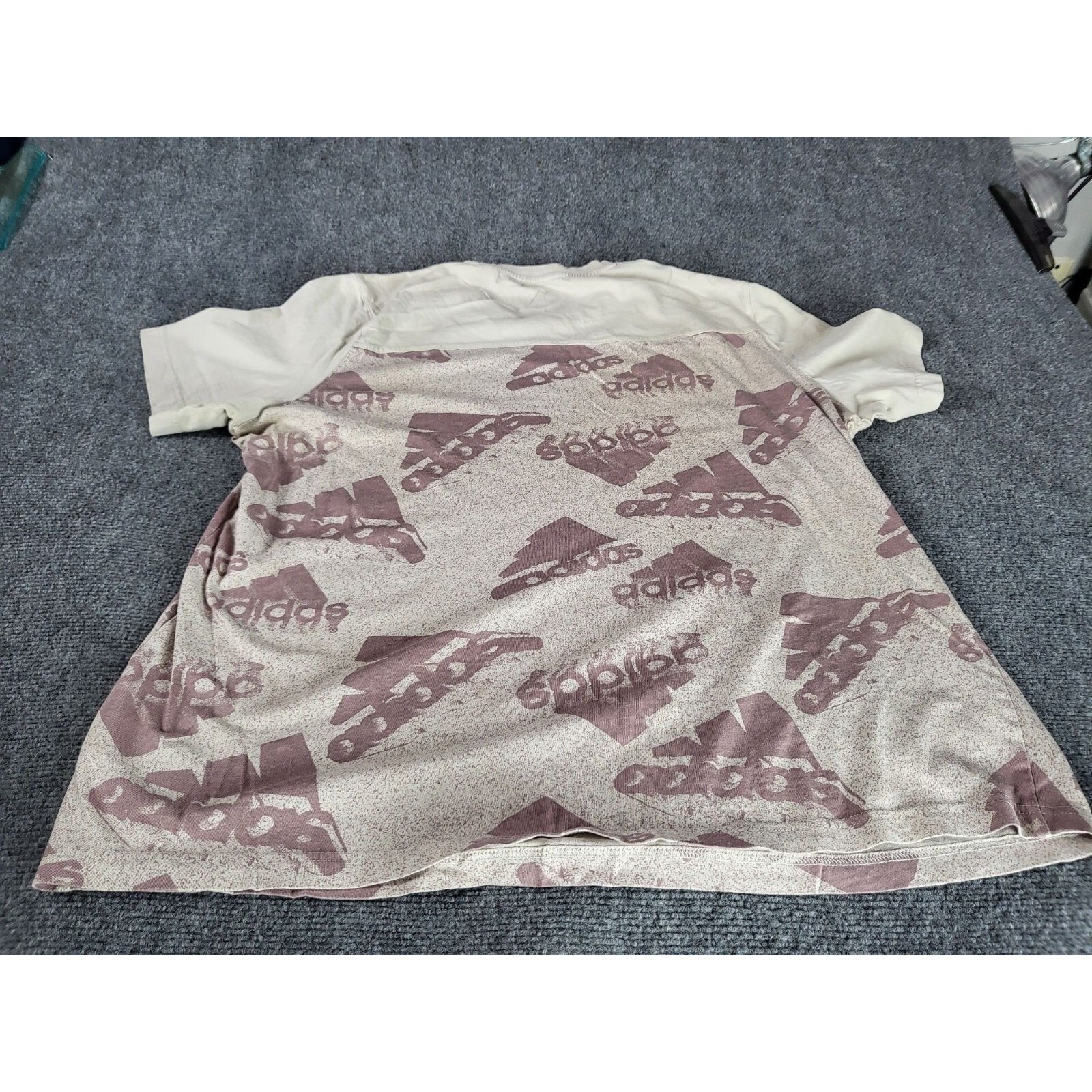 Adidas Brand Love Performance Tee XL Off White Burgundy Allover Multi Logo Shirt gallery