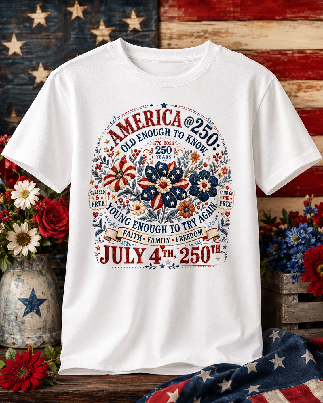America 250th July 4th Floral Patriotic Independence Day USA Graphic T-Shirt