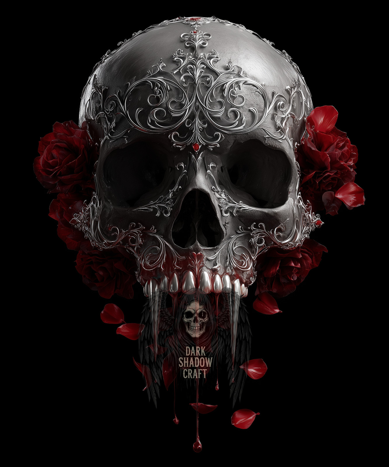 Vampire Skull T-Shirt – Blood Dripping Fangs, Gothic Filigree, Dark Rose Art gallery