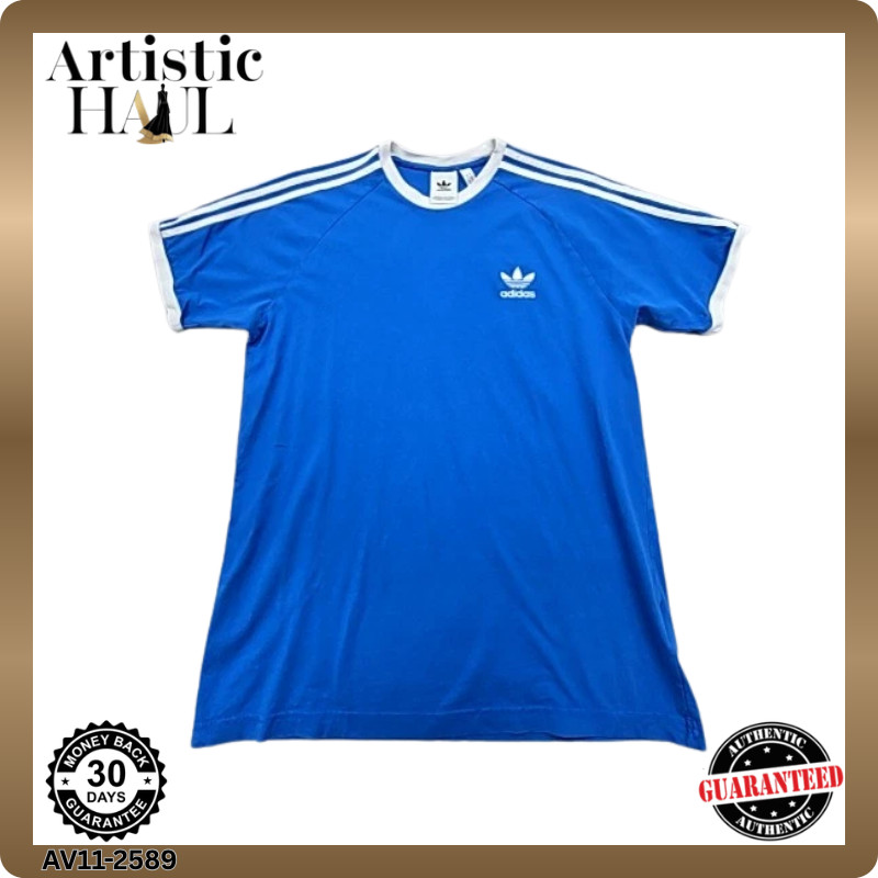Adidas Mens T-Shirt Blue 3-Stripes XXL Short Sleeve Striped Crew Neck