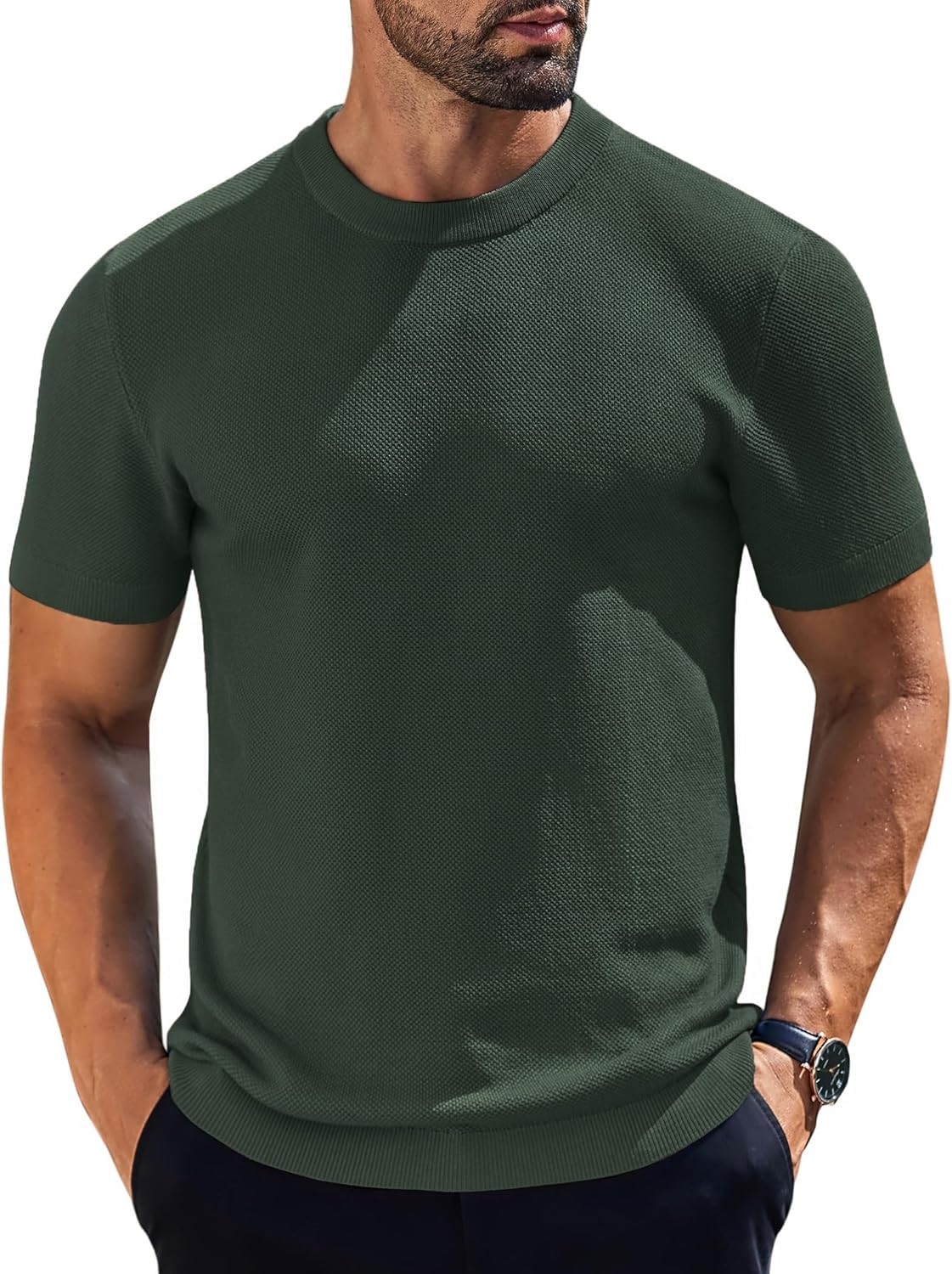 Coofandy T Shirt Crew Neck, Regular Fit, Short Sleeve, Solid, Ribbed Cuffs Solid gallery