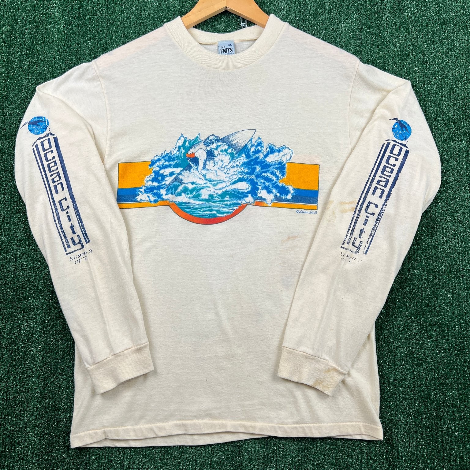 VTG The Knits Ocean City Summer 81 Surf Long Sleeve T-Shirt Mens XL Cream 80s
