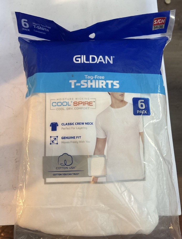 Gildan Mens White 6 Pack Tag-Free Basic T-Shirts Size Small (34-36) NEW In pkg