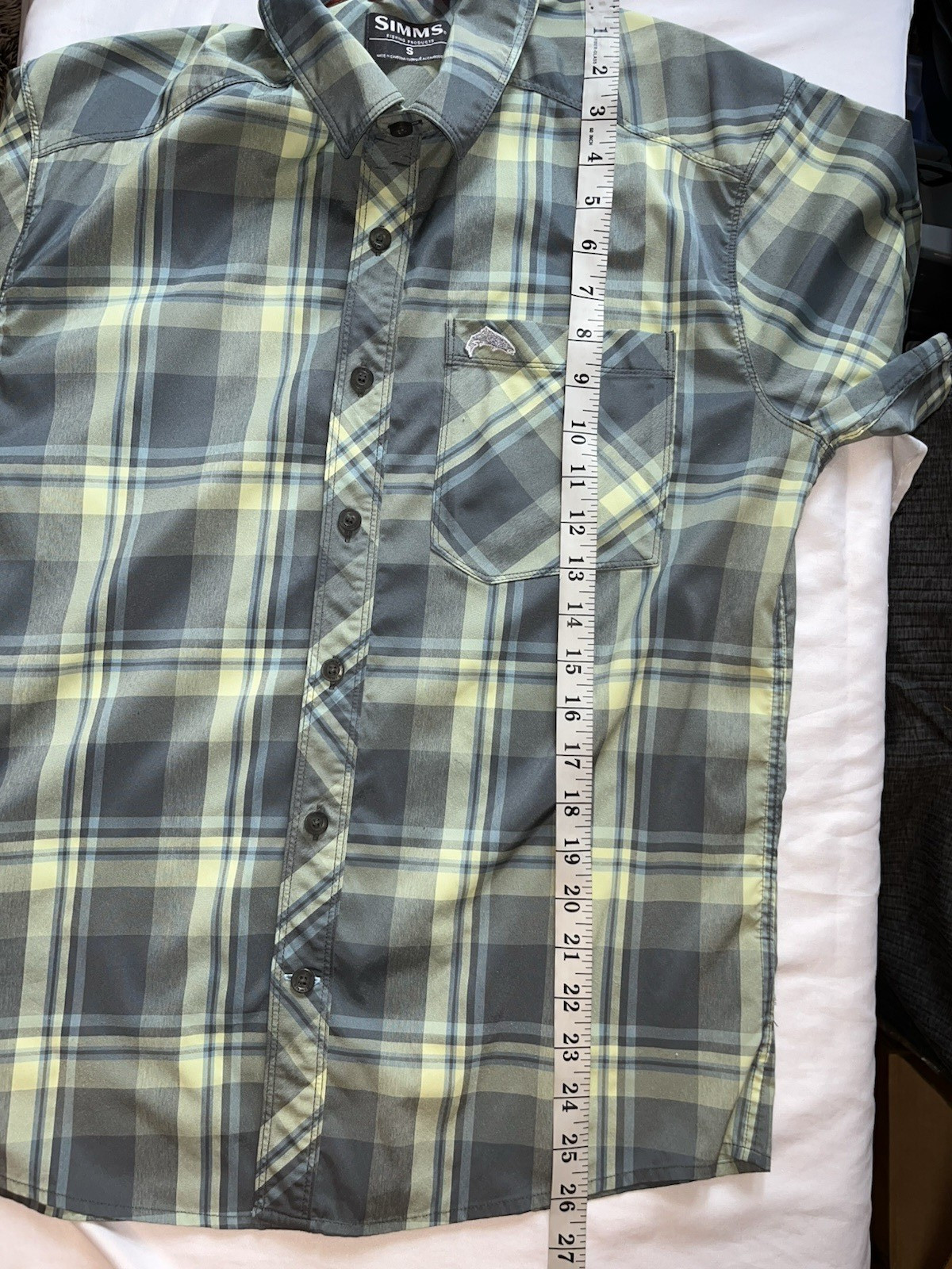 Simms Men's Green Plaid Nylon Blend Fishing Short Sleeve Shirt Size S gallery