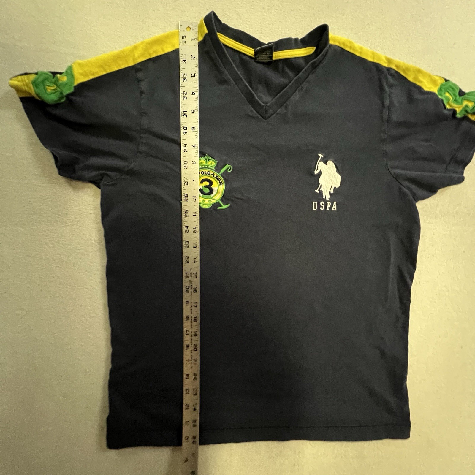 U.S. Polo Assn V Neck T-Shirt Mens Medium #3 Big Pony Embroidered Yellow Stripes gallery