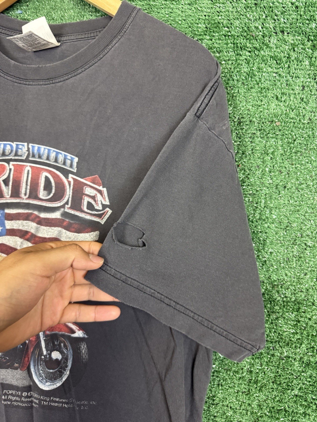 Vtg 90's Y2K POPEYE Ride With PRIDE USA American FLAG MOTORCYCLE BIKER T Shirt gallery