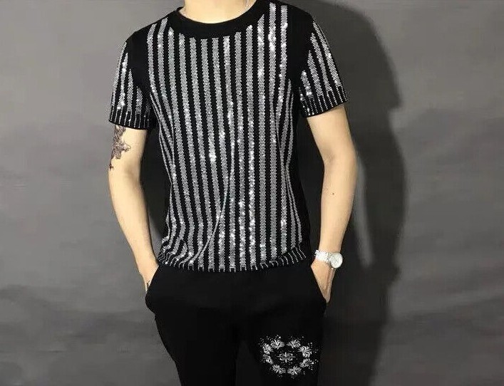 New Men Luxury Diamond Rhinestones Fashion Black T-Shirt High Quality gallery