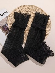 ‘s Mesh Sheer Ruched Arm Sleeves Ruffle Hem Gloves Summer Vacation Beachy Bac…